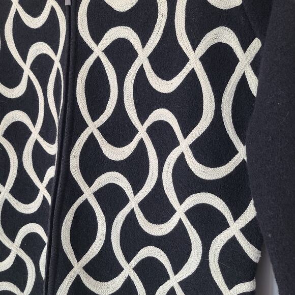 Talbots Black Wool Full Zip Sweater Cardigan Cream Geometric Embroidery LP - Picture 5 of 11